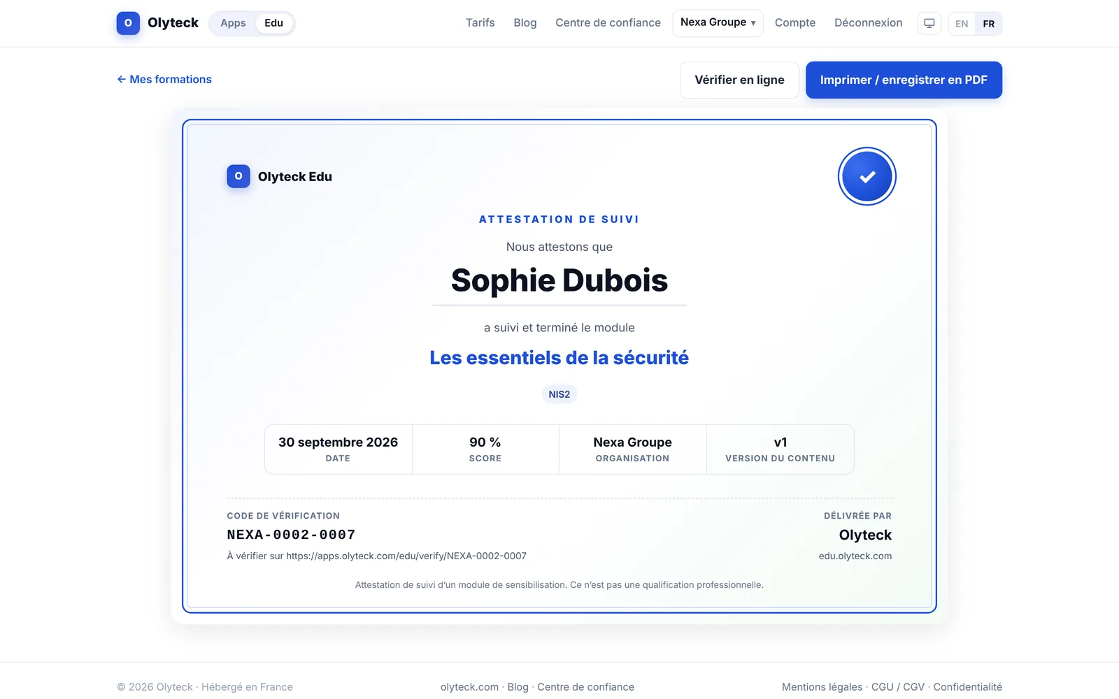 Attestation de suivi vérifiable
